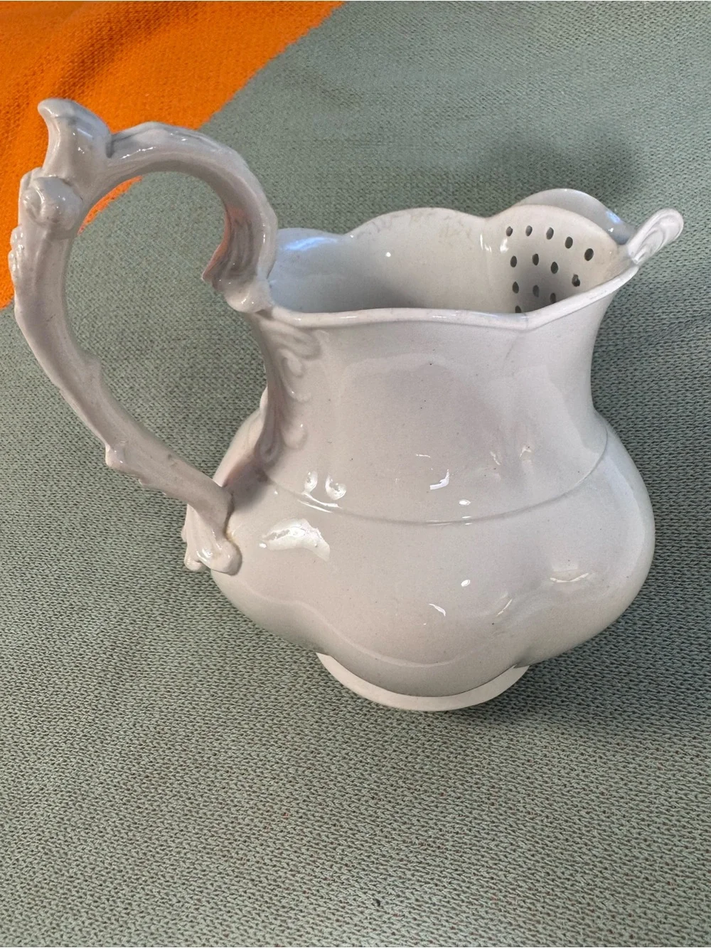 Antique White Ironstone Ice Lip Pitcher Scalloped Ceramic Jug Built-in strainer